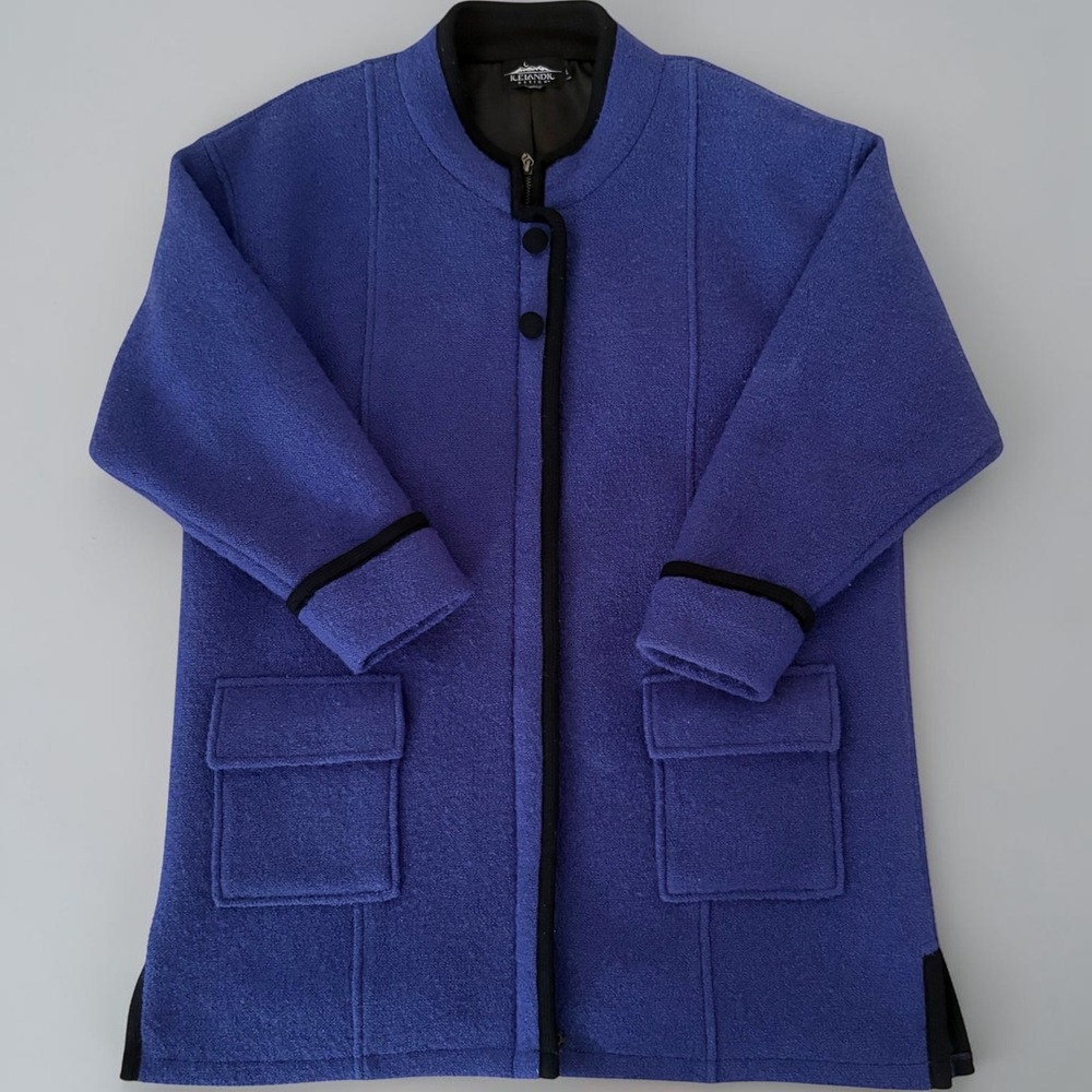 Icelandic Design Coat L Blue Boiled Wool Zip Button Trim Pocket Nordic Winter